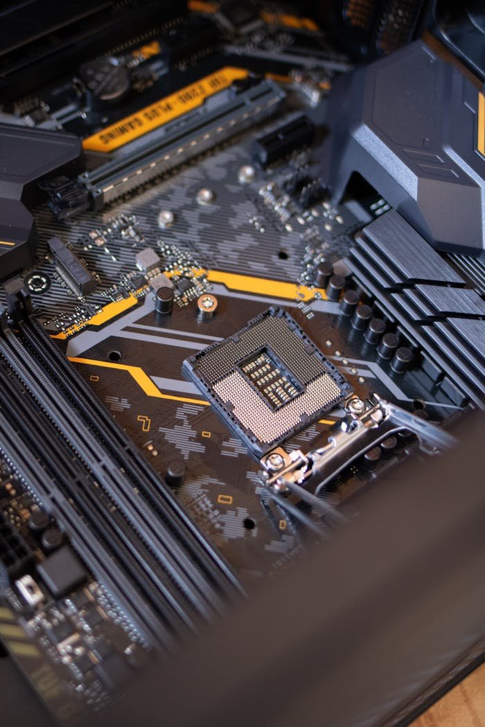 service-01 Detailed view of a computer motherboard highlighting electronic components and technology connections.