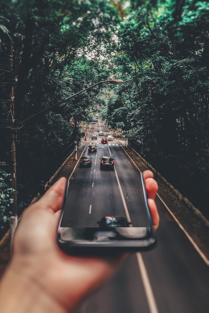 service-04 Creative blend of technology and nature with smartphone framing a bustling road through forest.